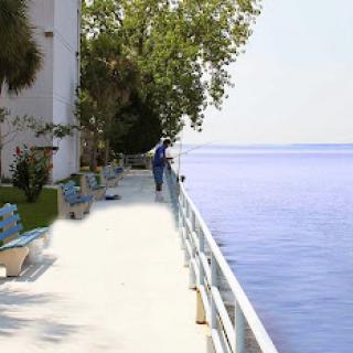 A man leans over the railing of a waterfront walkway, enjoying a peaceful moment by the calm water.