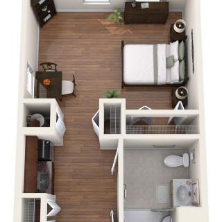 A 3D floor plan of a one-bedroom apartment with modern furnishings.