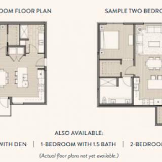 Sample floor plans showcasing a two-bedroom apartment and options for one-bedroom layouts.
