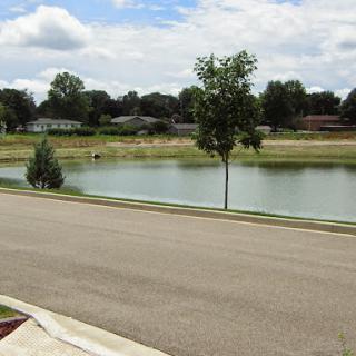 A serene view of a small lake surrounded by trees and homes under a cloudy sky.