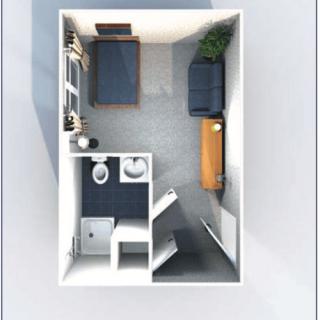 A minimalist bedroom floor plan showcasing a compact layout with essential furniture and amenities.
