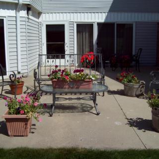 A sunny patio with outdoor furniture and a variety of potted flowers and plants.