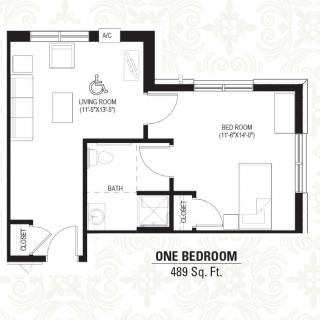 A floor plan of a one-bedroom apartment measuring 469 square feet.