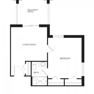 A simple floor plan of a one-bedroom apartment with a living room, bathroom, and balcony.