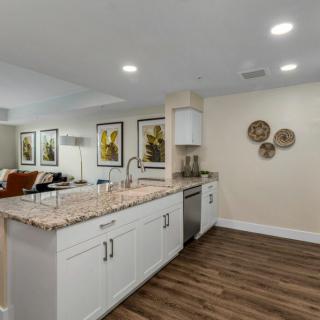 A modern open-concept kitchen with granite countertops and wood flooring.