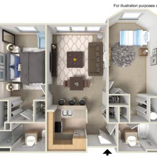 3D rendering of a two-bedroom apartment floor plan.
