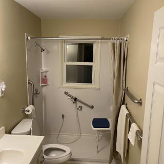 An accessible bathroom with a shower equipped with grab bars and a foldable seat.