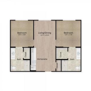 An apartment floor plan featuring two bedrooms, a living and dining area, and two bathrooms.