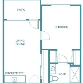 A one-bedroom apartment floor plan featuring a living/dining area, kitchenette, patio, and bathroom.