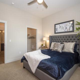 A modern bedroom featuring a plush bed with navy bedding, stylish artwork, and subtle lighting from a nightstand lamp.