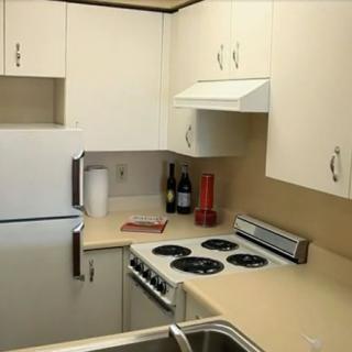 A small kitchen with a stove, refrigerator, and cabinets.