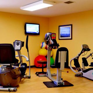 A small gym with various exercise machines, a TV, and colorful exercise balls.