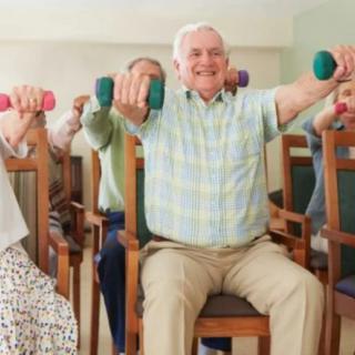 A group of elderly individuals participating in a seated exercise class using dumbbells.