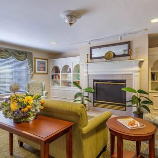 A cozy living room with a fireplace, elegant furnishings, and decorative elements.
