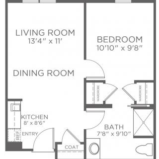 A floor plan of a one-bedroom apartment including a living room, kitchen, dining room, and bathroom.