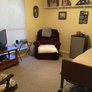 A cozy living space with an armchair, television, and decor.