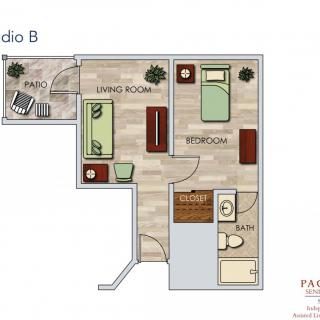 A detailed floor plan of a one-bedroom studio apartment.