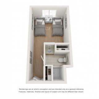A 3D floor plan of a small apartment featuring two beds, a bathroom, and a kitchen area.