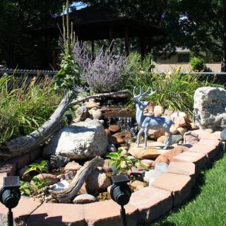 A beautifully landscaped garden featuring a rockery with various plants and decorative elements.