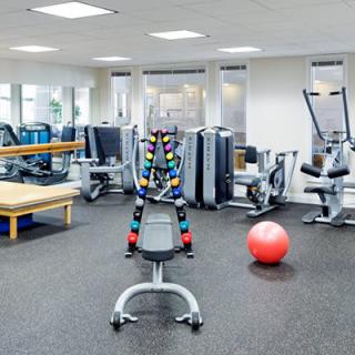 A well-equipped gym with various exercise machines and weights.