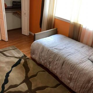 A cozy bedroom with a single bed, patterned carpet, and wooden flooring.