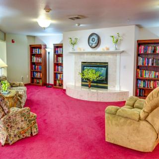 A cozy living room with a fireplace, surrounded by bookshelves and comfortable seating on a red carpeted floor.
