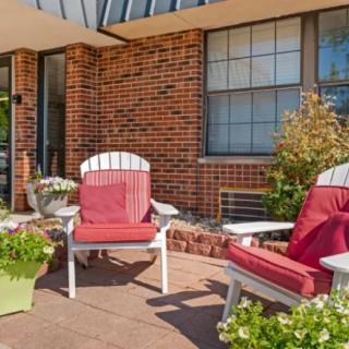 A sunny patio with comfortable chairs and vibrant plants against a brick wall.