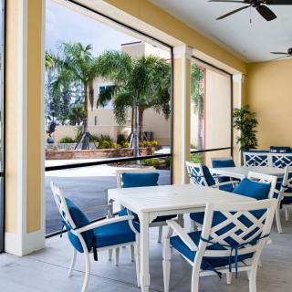 A bright patio with blue and white chairs offering a relaxing view of palm trees.