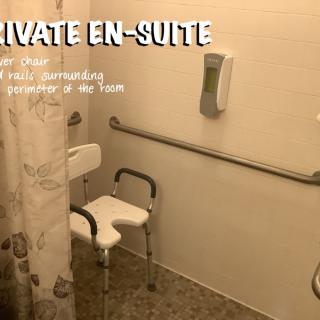 Accessible private en-suite bathroom with shower chair and grab bars.