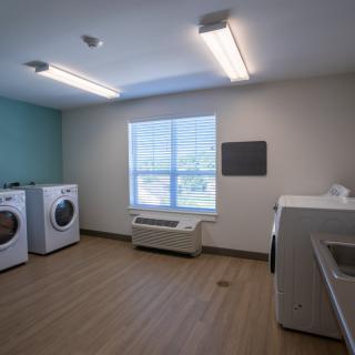 A clean and organized laundry room featuring washing machines, dryers, and ample natural light.