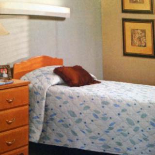 A cozy bedroom with a single bed, wooden nightstand, and decorative framed art on the wall.