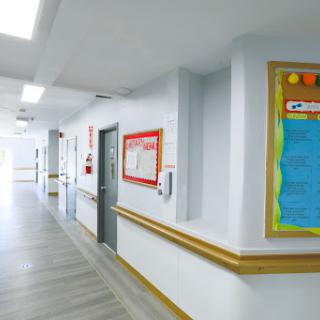 A well-lit hospital corridor showcasing the interior design with doors and a bulletin board.