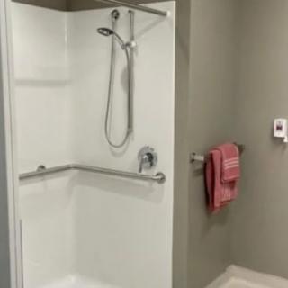 A modern, accessible bathroom with a shower and grab bars.