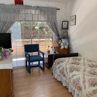 A cozy bedroom with a floral bedspread, a wooden chair, a lamp on a nightstand, and large windows covered by curtains.
