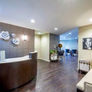A modern reception area with stylish artwork and contemporary furnishings.