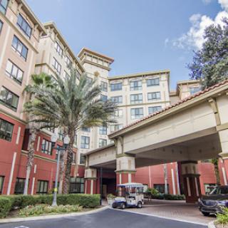 A modern hotel featuring a grand entrance, surrounded by palm trees.