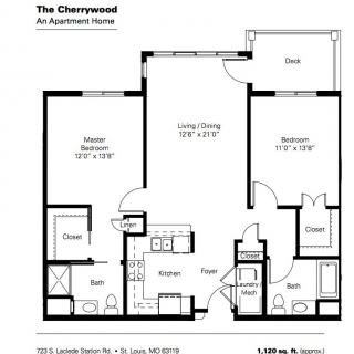 Floor plan of a two-bedroom apartment with labeled rooms and dimensions.