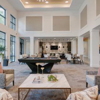 A spacious and luxurious modern living room with elegant furniture and decor.