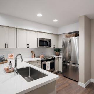 A sleek and modern kitchen featuring stainless steel appliances, elegant cabinetry, and a spacious countertop.