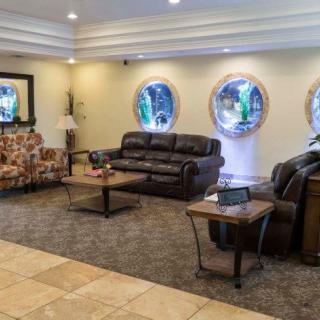 A cozy lobby with comfortable seating and decorative windows.