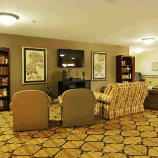 A cozy lounge area with sofas, armchairs, bookshelves, and a TV.