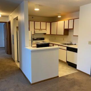 A well-lit kitchen area in an apartment featuring white cabinets and a cozy carpeted living space.