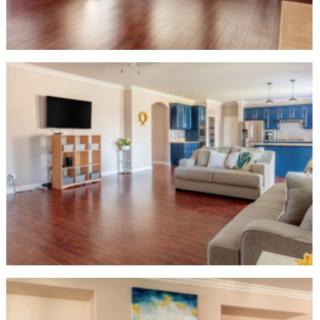 Spacious and modern living room with hardwood floors and blue cabinetry.