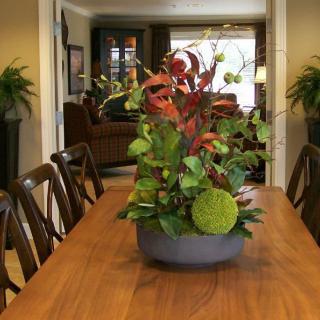 A dining room with a wooden table featuring an intricate plant centerpiece.