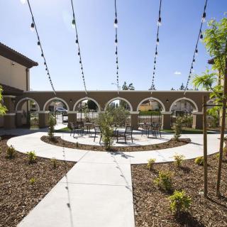 A beautifully designed outdoor courtyard featuring string lights and archways with a central seating area surrounded by landscaping.