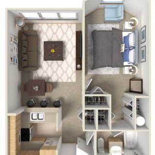 A detailed floor plan of a modern apartment featuring a living room, bedroom, kitchen, and bathroom.