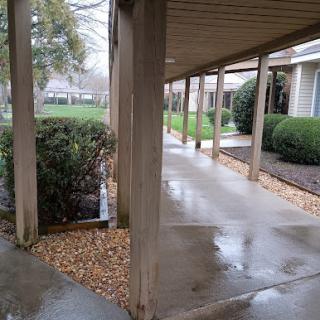 A wet pathway lined with bushes, leading past buildings on a rainy day.