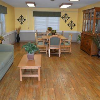 A cozy dining and living room area with wooden flooring, featuring a table and chairs, a cabinet, and indoor plants for decoration.
