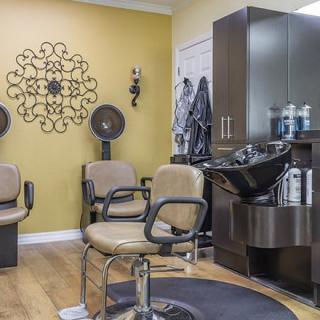 A modern hair salon interior with styling chairs, a wash station, and decorative elements.