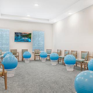 A modern waiting room featuring blue exercise balls and comfortable chairs, designed for relaxation.